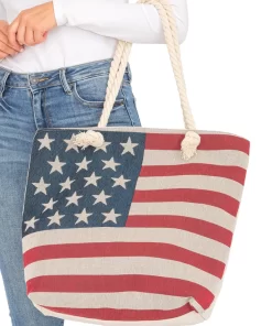 American Flag Zippered Burlap Canvas Tote Bag
