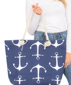 Nautical Anchor Zippered Burlap Canvas Tote Bag