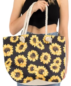Sunflower Zippered Rope Handle Canvas Tote Bag